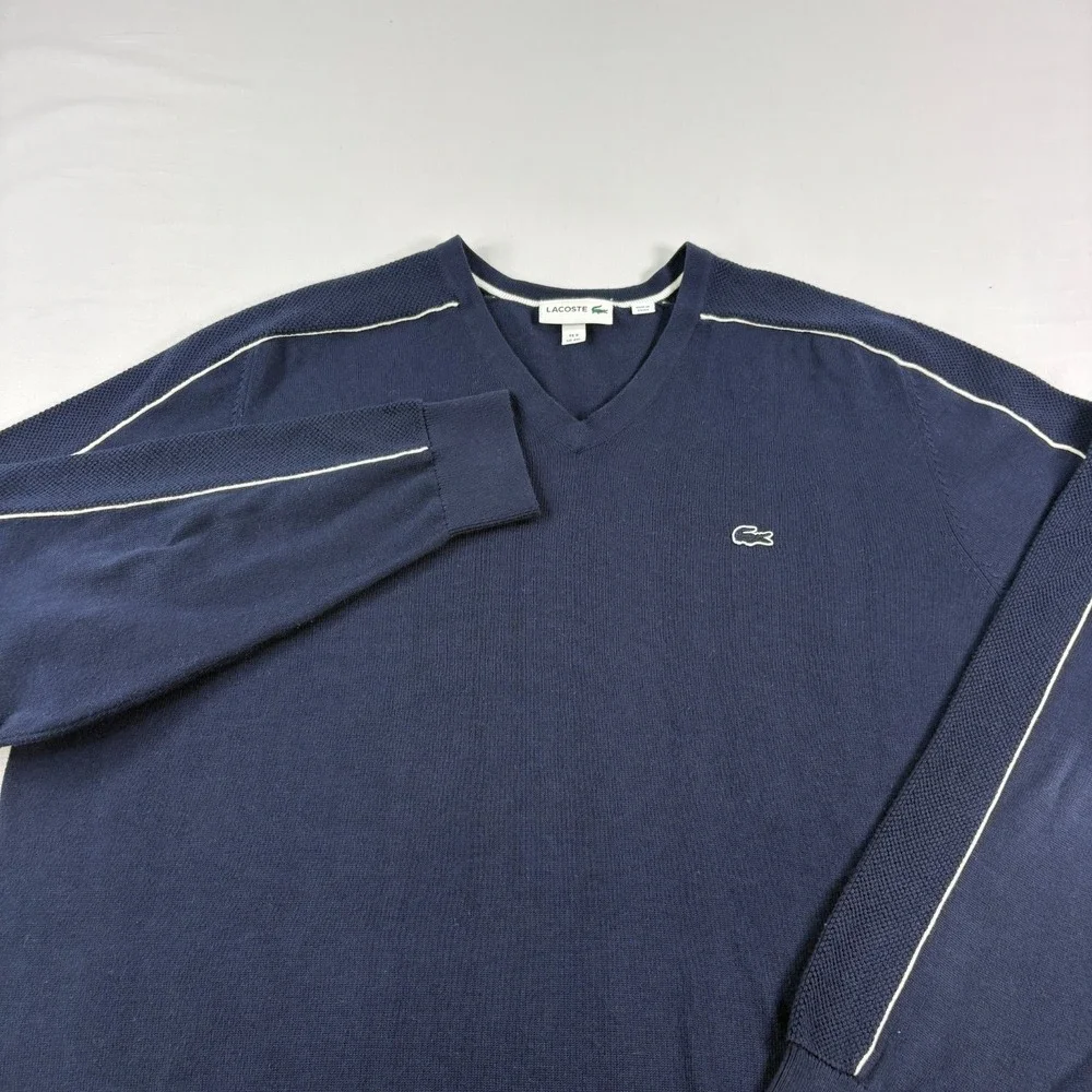Lacoste Sweater Mens 4XL Blue V-Neck Pullover‎ Slim Fit Stretch